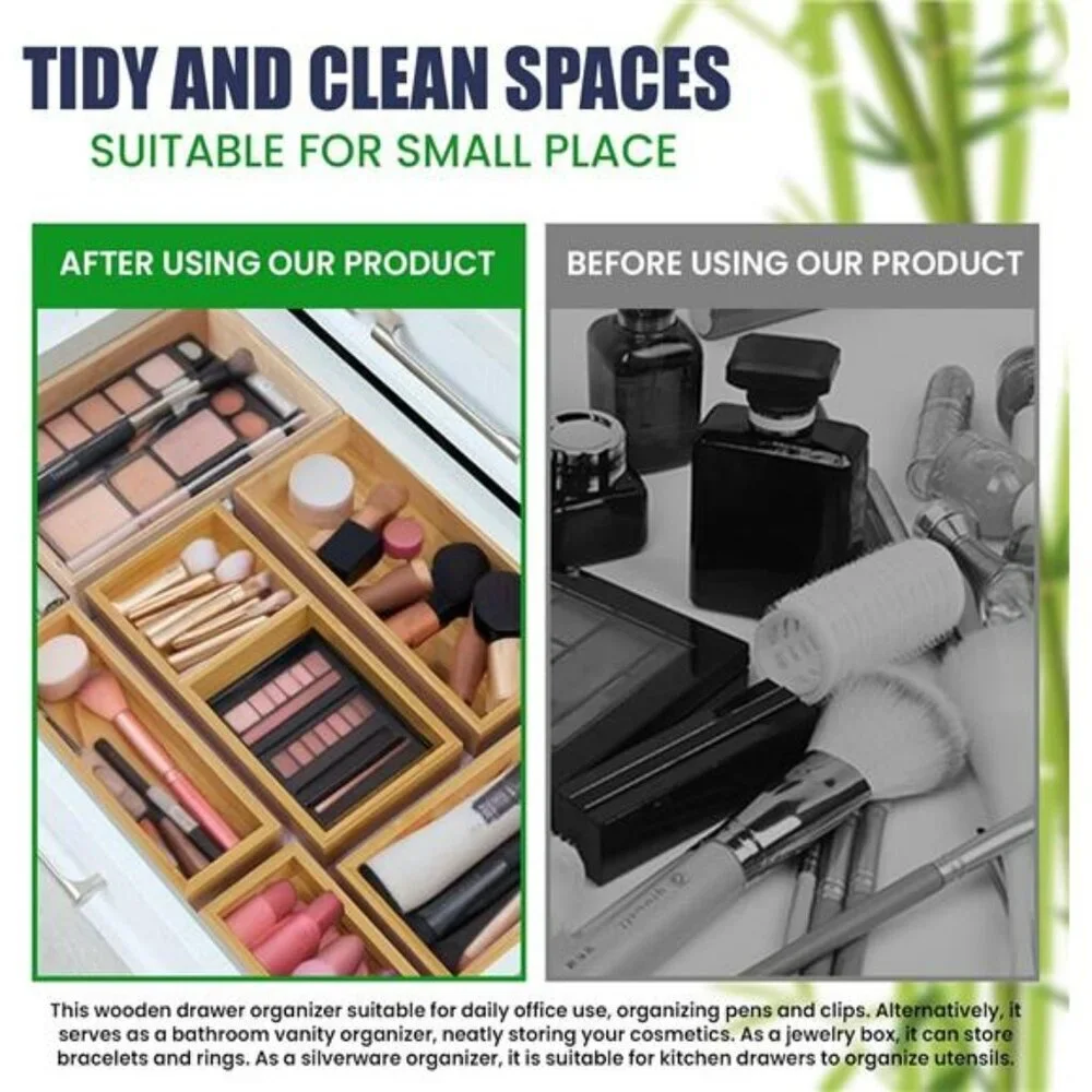 Bamboo drawer organizer set of 5 wooden storage trays kitchen desk vanity makeup